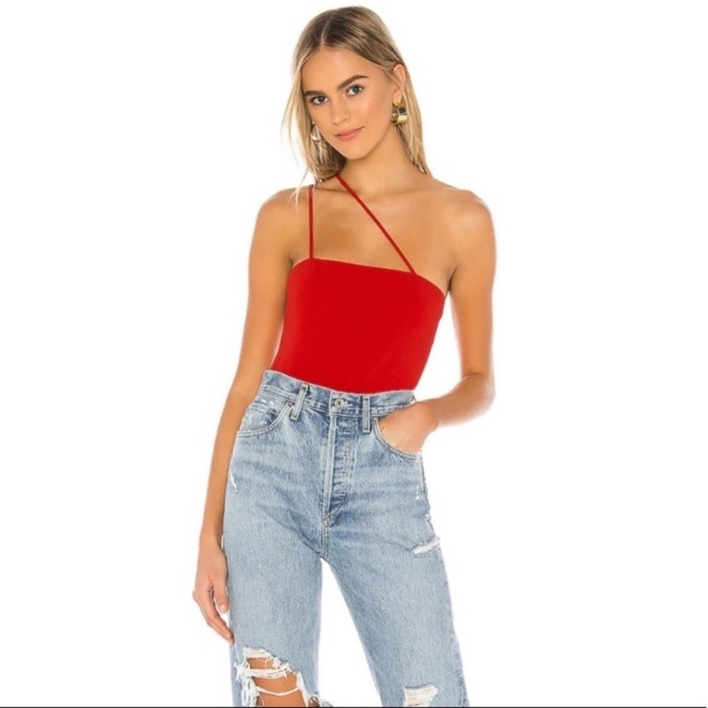 NWT LOVERS + FRIENDS Sz XS Overland Bodysuit Tank Red Asymmetrical Straps New